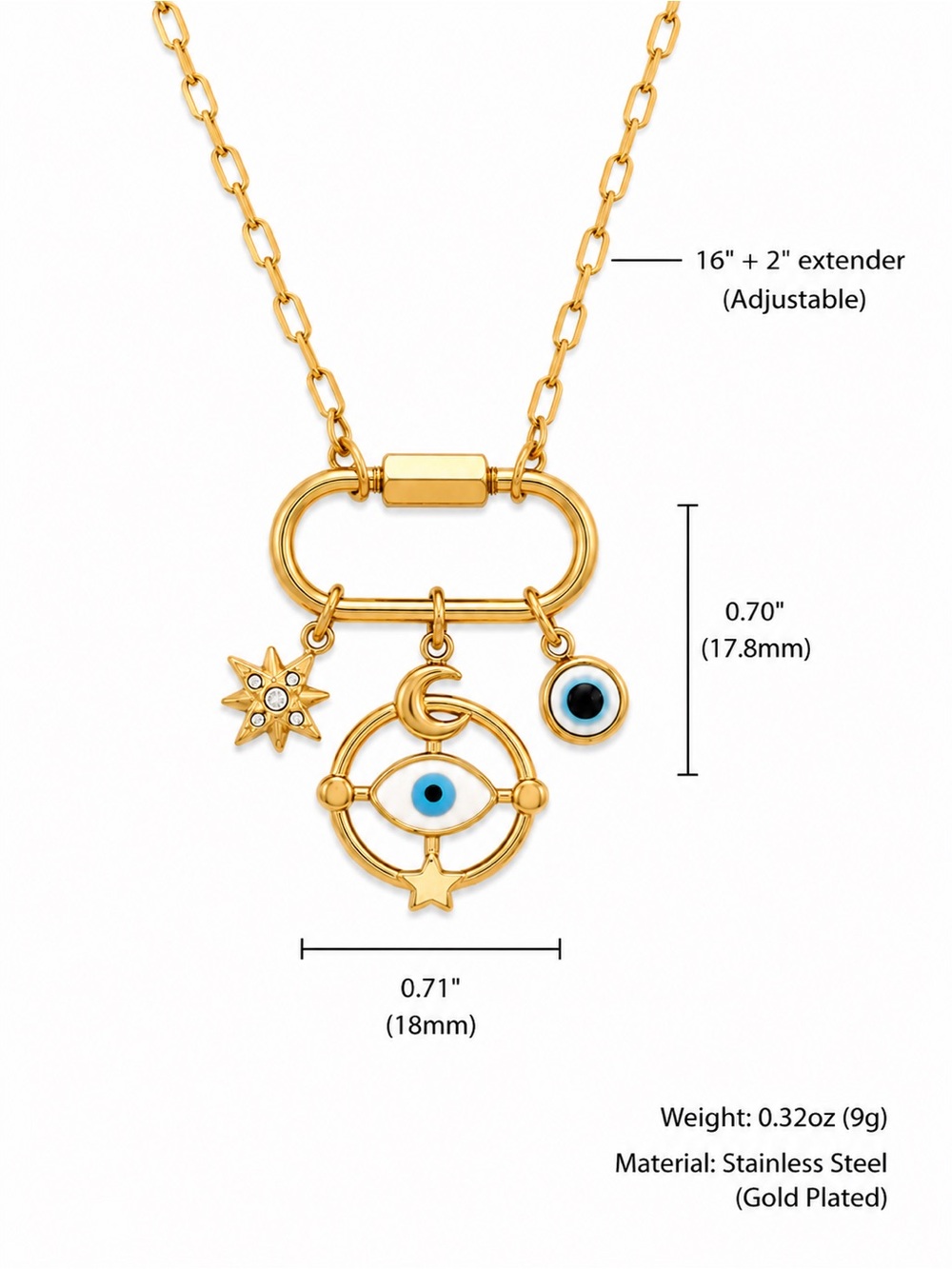 Gold Plated Stainless Steel Evil Eye Charm Necklace on Carabiner New - Picture 2 of 3